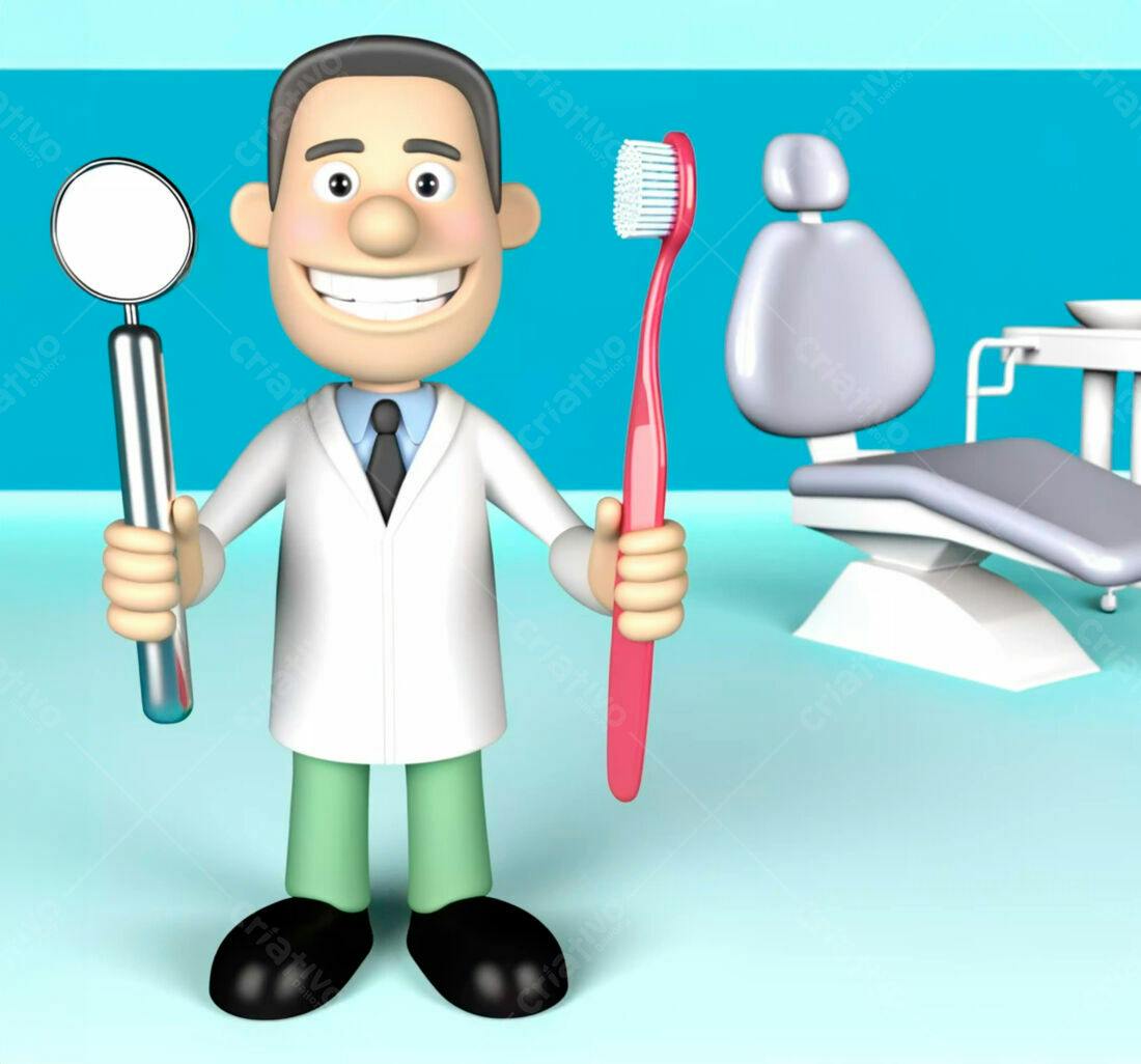 Dentista animado segurando escova e espelho
