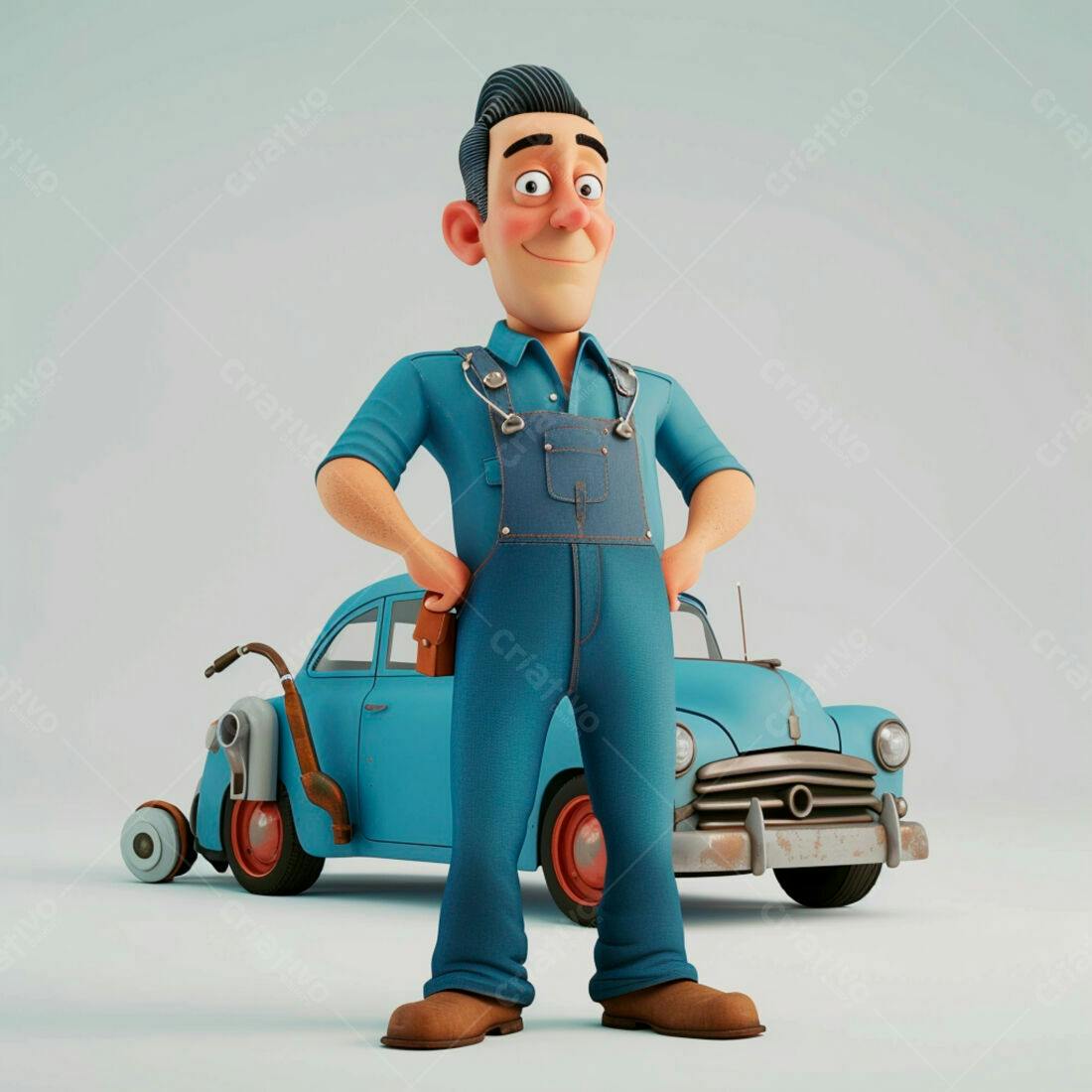 Mecânico de desenho animado com carro antigo azul