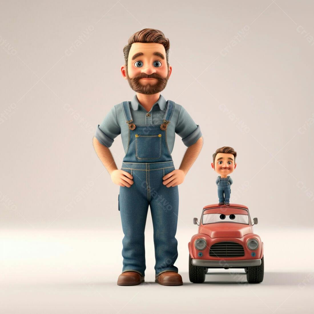Mecânico de desenho animado com miniatura e carro