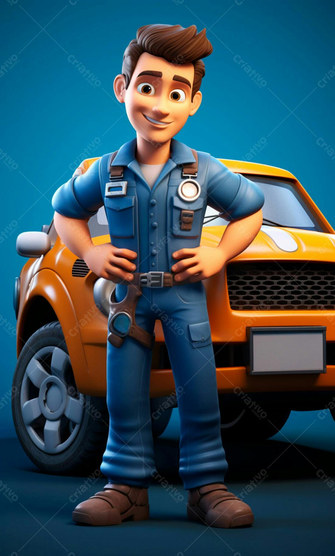 Mecânico sorridente com carro laranja
