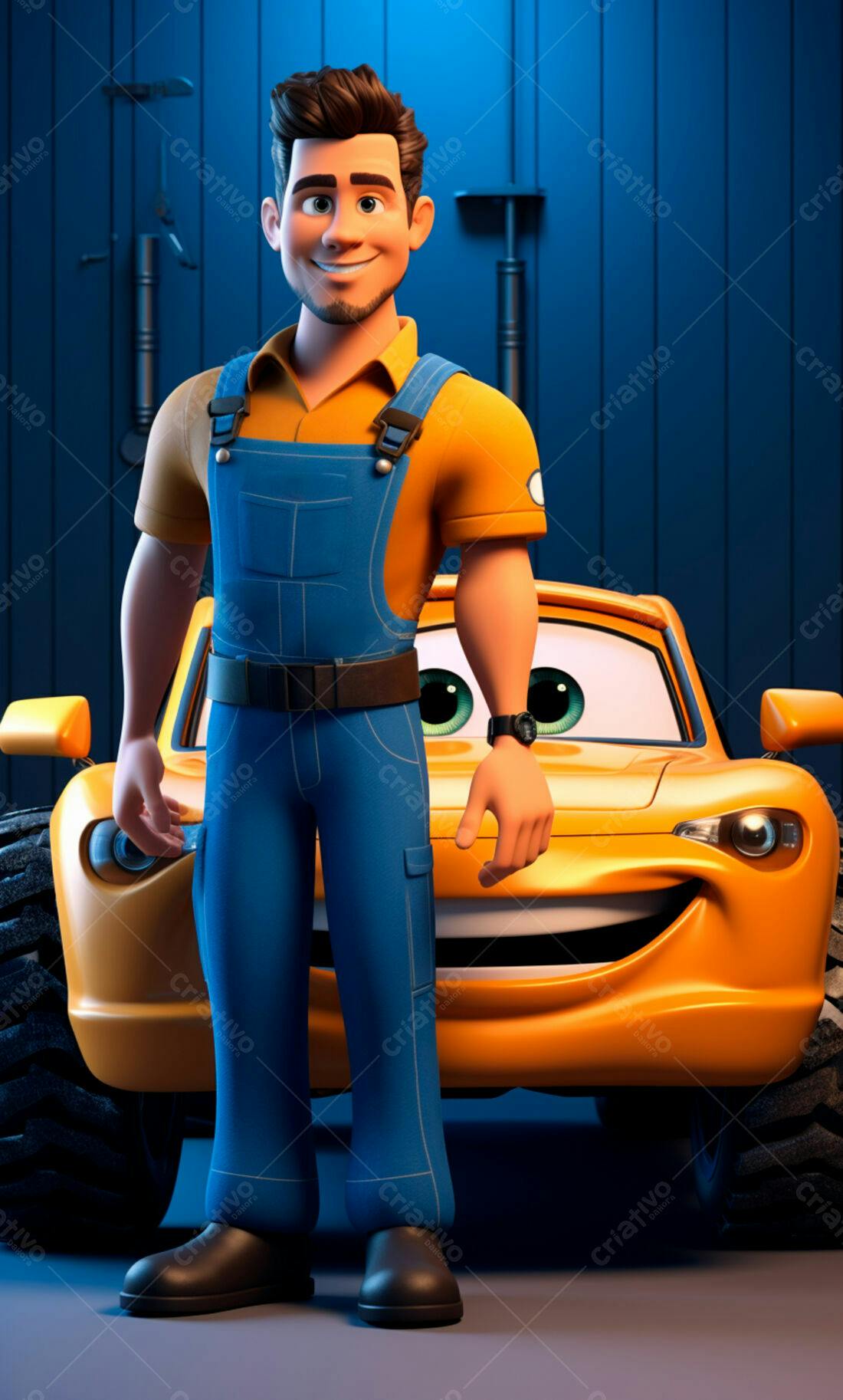 Mecânico sorridente com carro amarelo na oficina