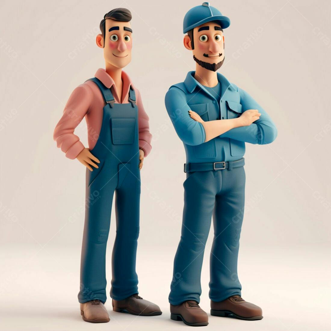 Dois homens animados em uniformes azuis
