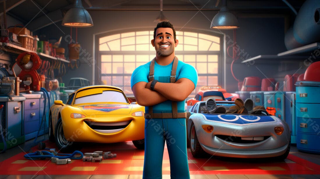 Mecânico sorridente em oficina com carros animados