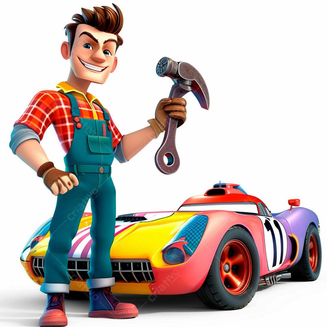 Mecânico de desenho animado com martelo e carro colorido