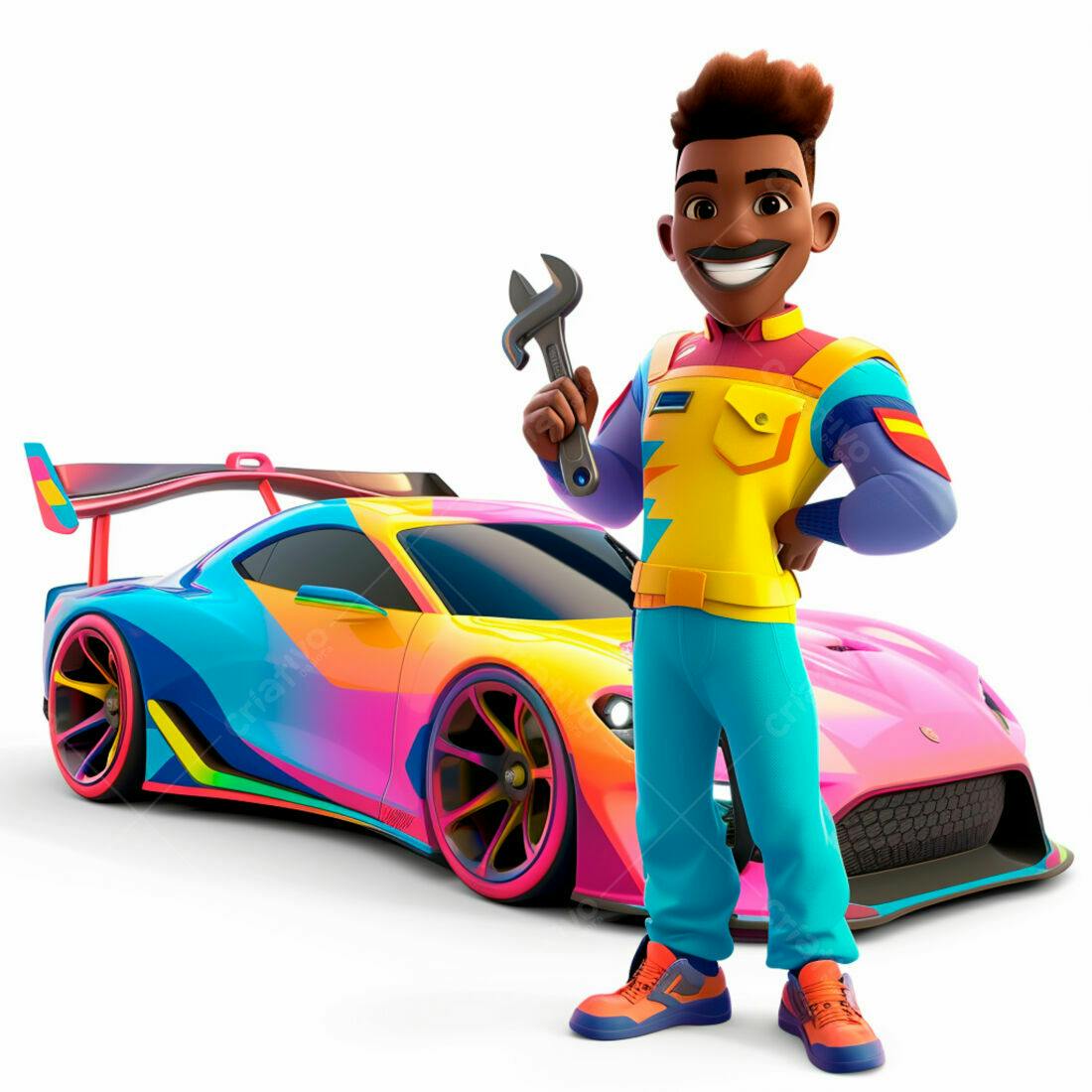 Mecânico com chave de boca e carro esportivo colorido