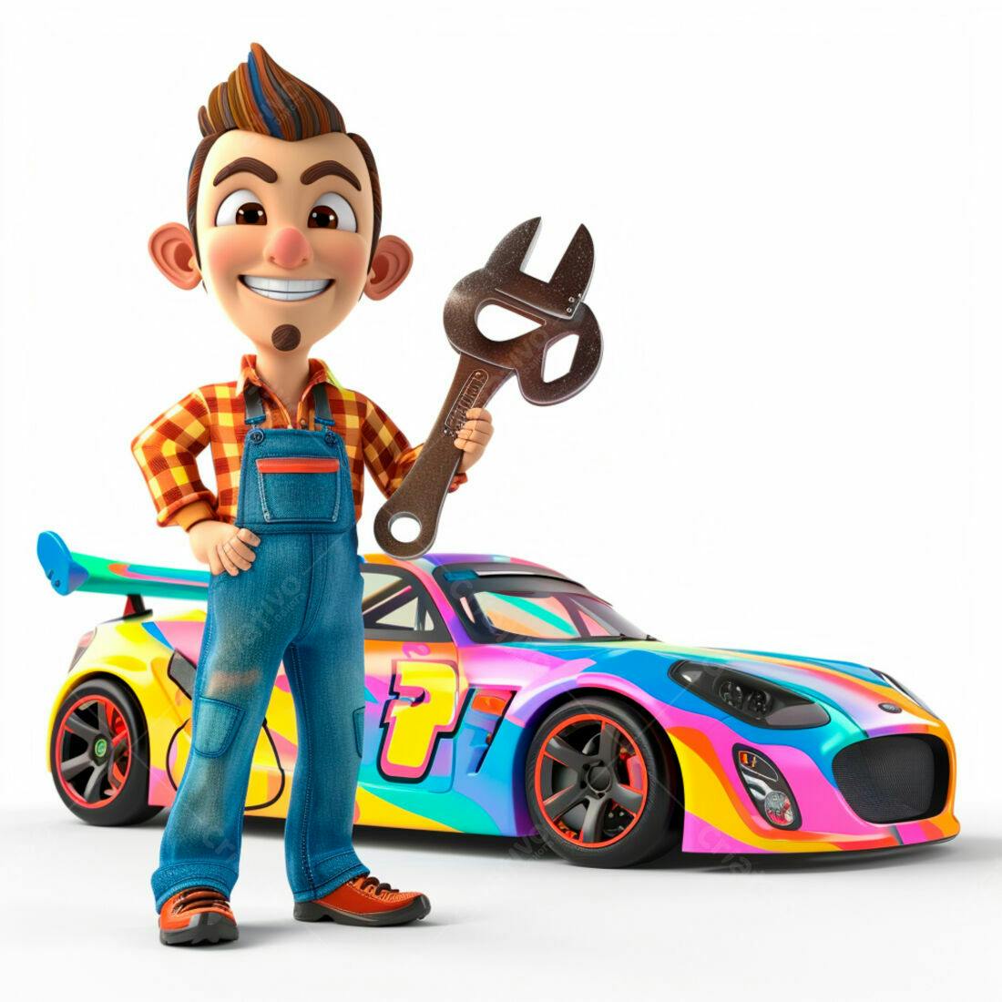 Mecânico de desenho animado com chave inglesa e carro colorido