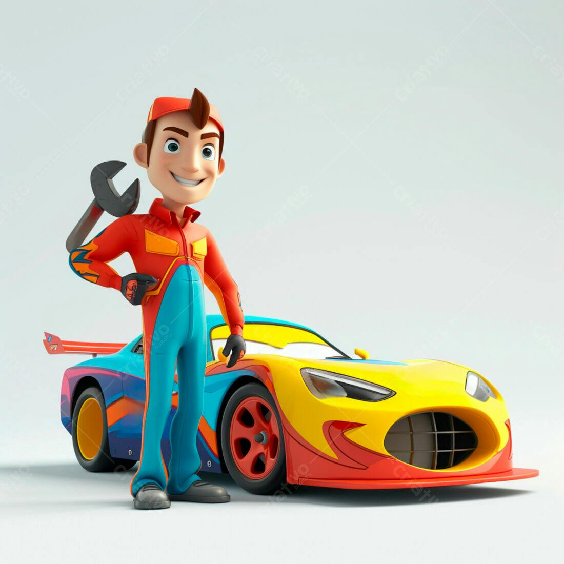 Mecânico de corrida animado com chave inglesa e carro