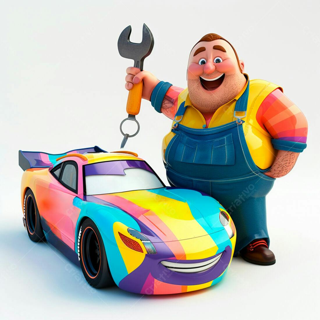 Mecânico feliz com chave inglesa e carro colorido