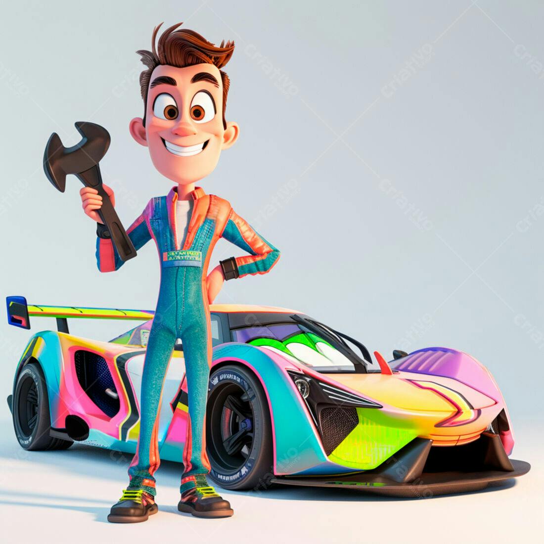 Mecânico de desenho animado com chave inglesa e carro esportivo colorido