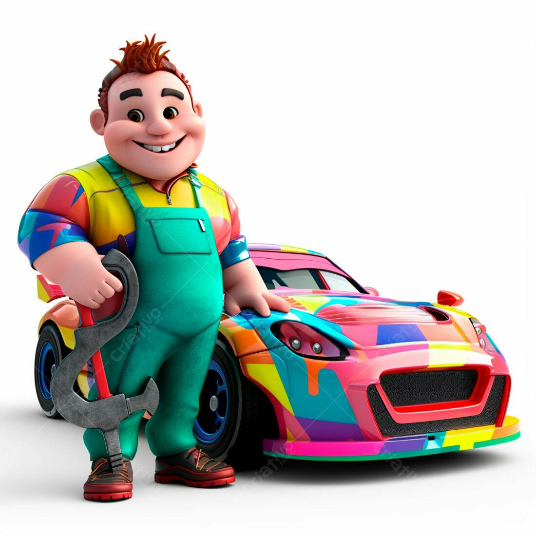 Mecânico de desenho animado com carro colorido