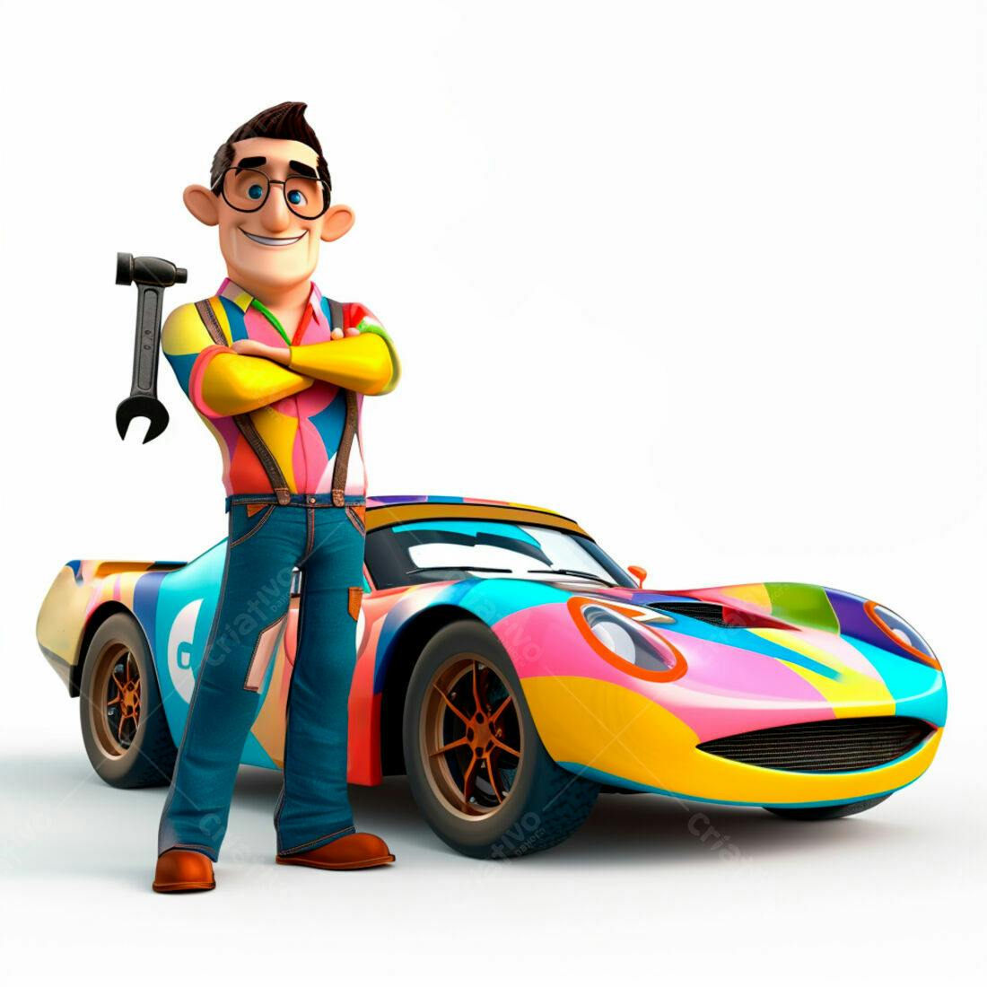 Mecânico de desenho animado com carro colorido