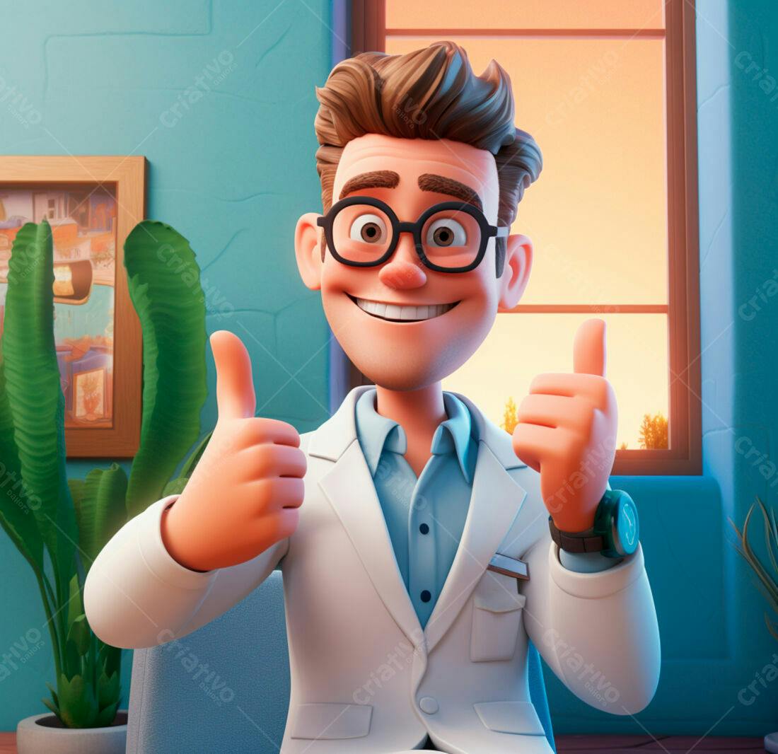 Médico 3D mostrando positivo em seu consultório