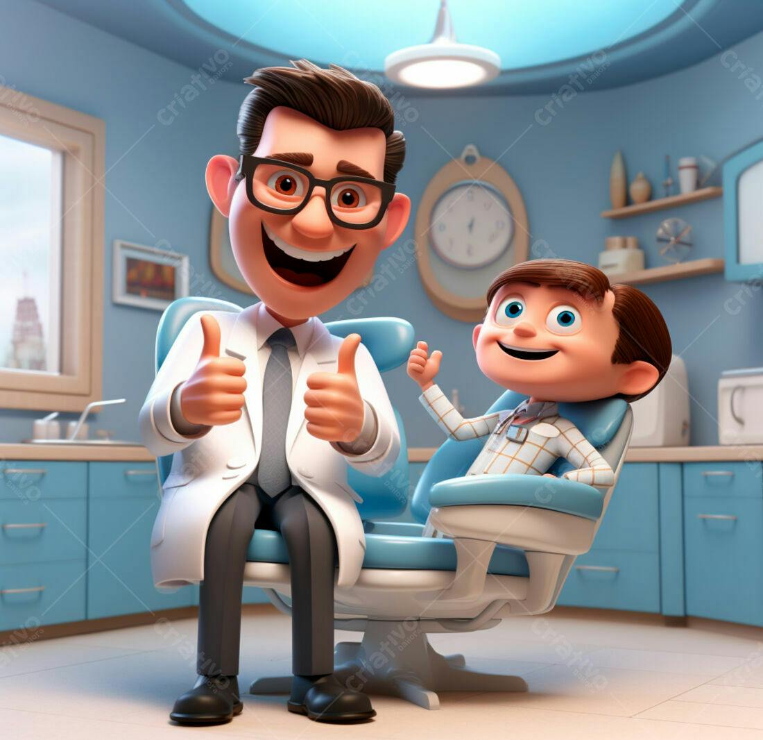 Dentista e criança felizes no consultório