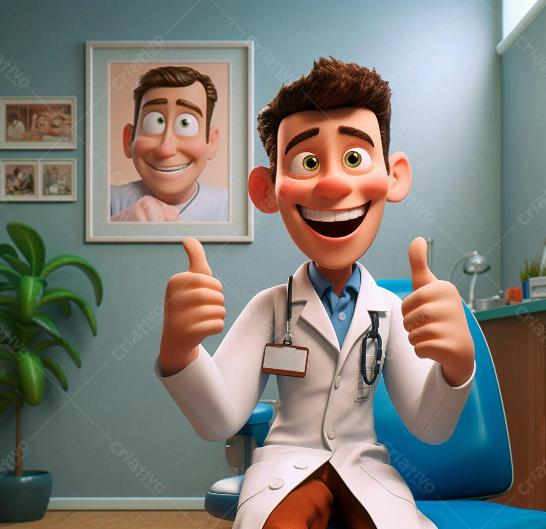 Médico animado dando joinha em consultório