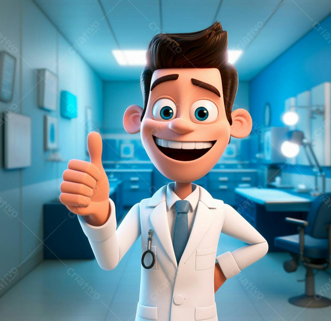 Médico Cartoon dando joinha em consultório