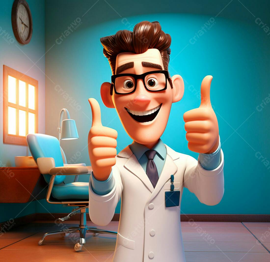 Médico de desenho animado com dois polegares para cima