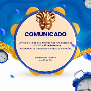 Horário de funcionamento comunicado carnaval