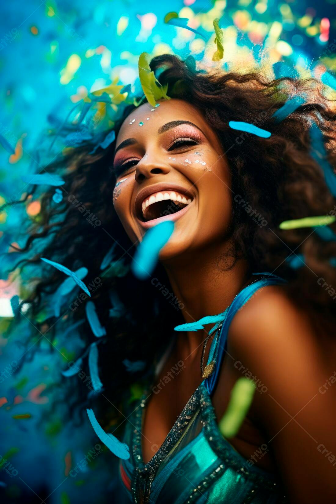 Mulher negra rindo em festa com penas azuis
