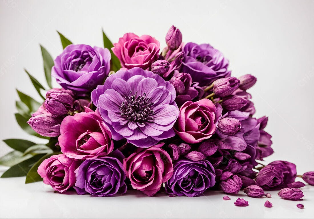 Buquê de rosas e anêmonas roxas e pink