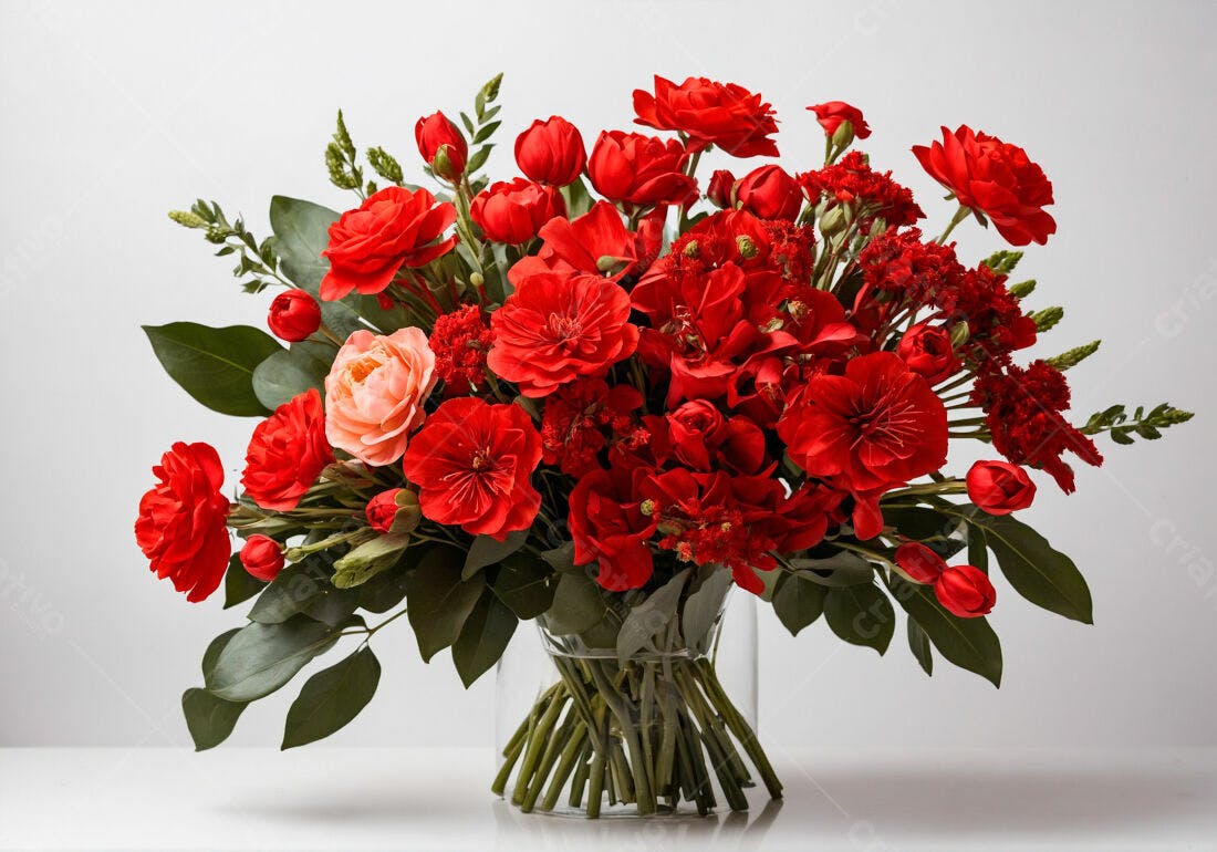 Buquê de flores vermelhas e coral em vaso