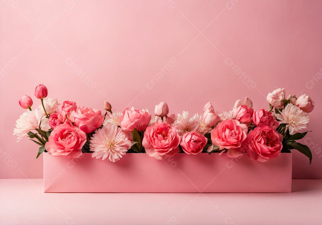 Rosas e flores cor-de-rosa em caixa rosa