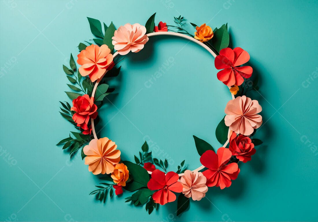 Coroa de flores de papel tons laranja e vermelho