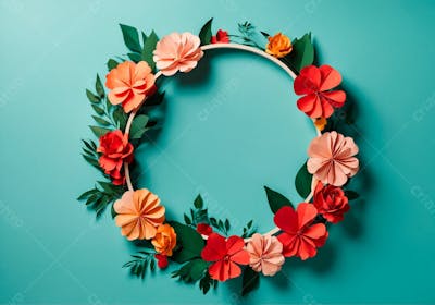 Frame Redondo Com Flores Sobre Fundo Azul