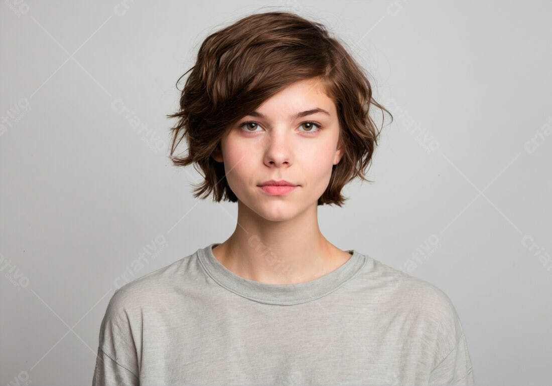 Adolescente com cabelo curto castanho claro