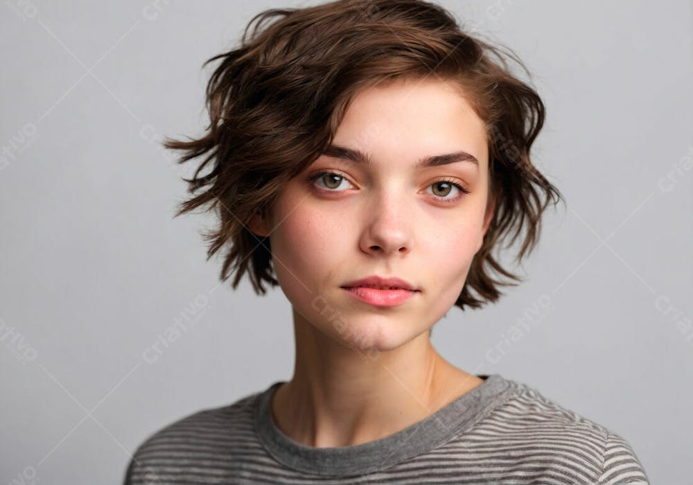 Jovem Mulher De Cabelo Castanho Curto Isolada Em Fundo Branco