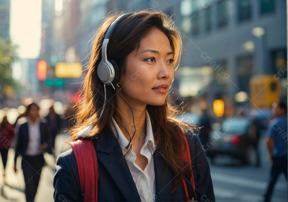 Mulher Asiática Com Fones Andando Sobre A Rua Mulher De Negócios