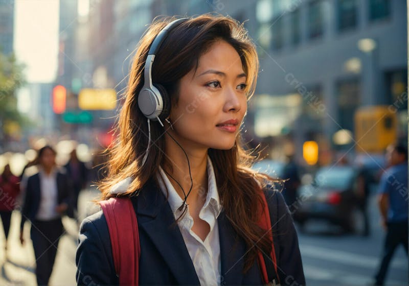 Mulher asiática com fones andando sobre a rua mulher de negócios