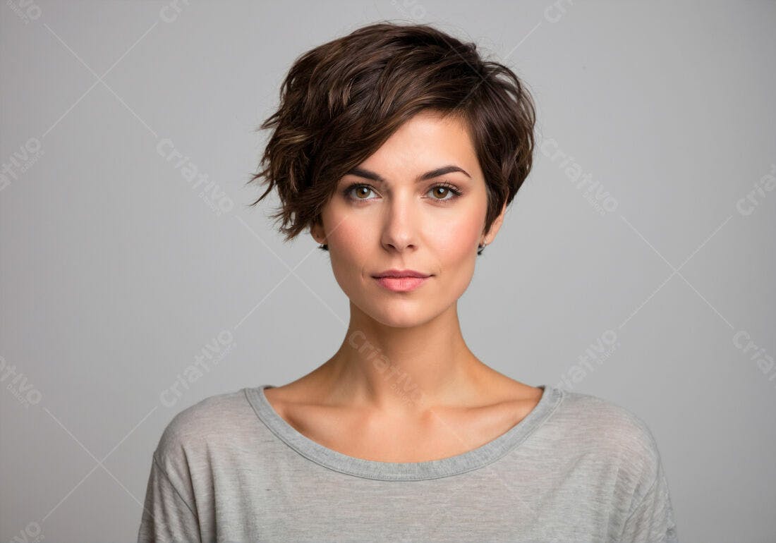 Mulher com corte pixie cabelo castanho