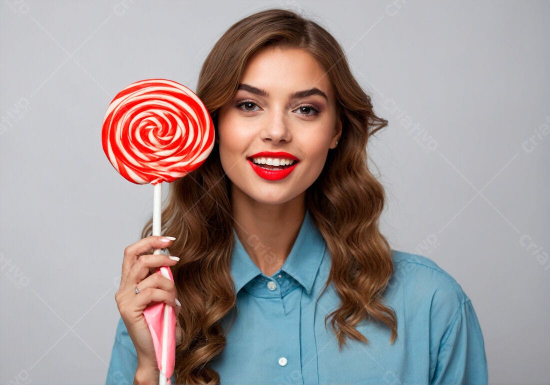 Pirulito gigante vermelho e mulher sorridente