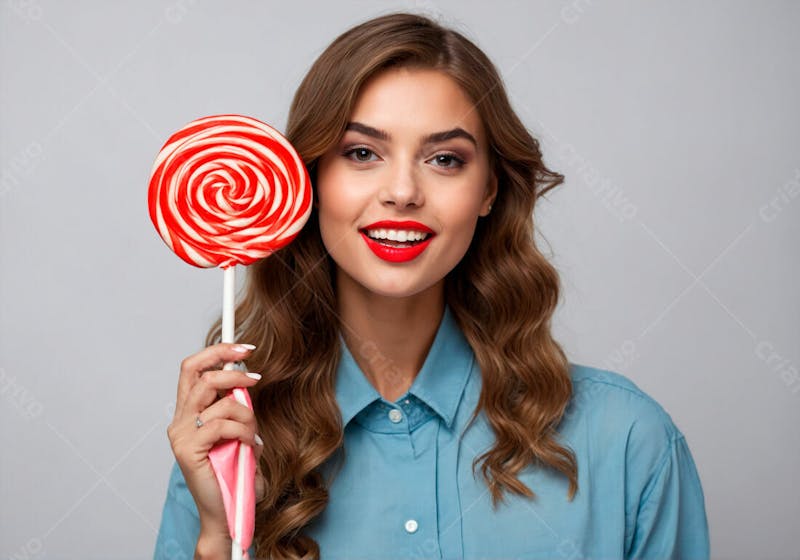 Mulher cabelos castanhos com pirulito lollipop
