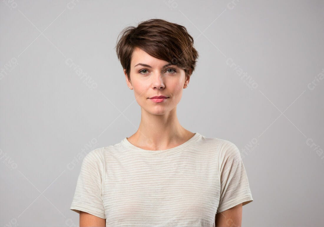 Mulher com cabelo curto fundo cinza