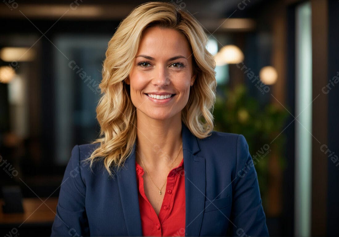 Mulher loira sorrindo em blazer azul marinho