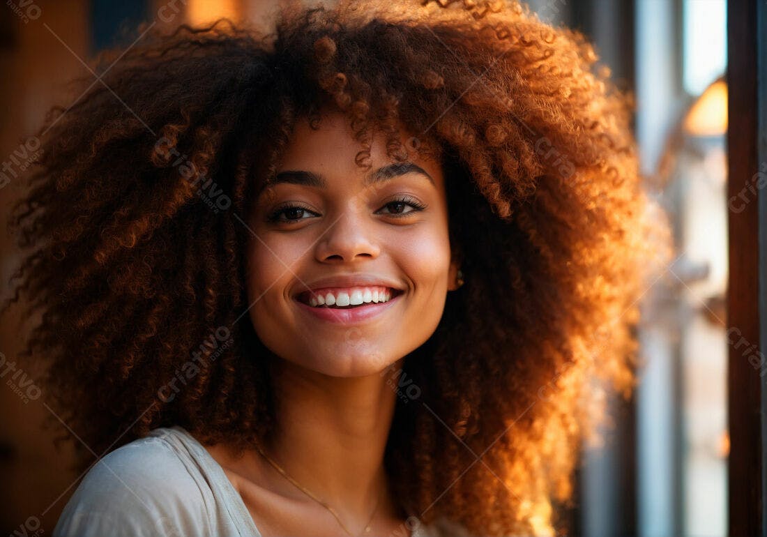 Mulher negra sorrindo com cabelo afro