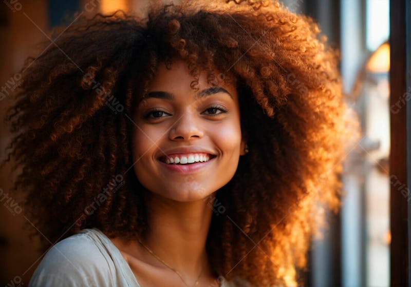 Mulher negra cabelo cacheado afro sorridente