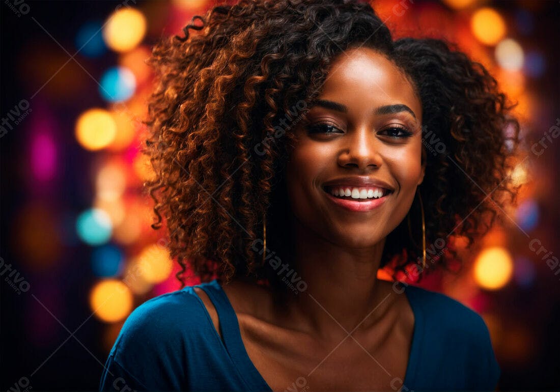 Mulher negra sorrindo fundo luzes
