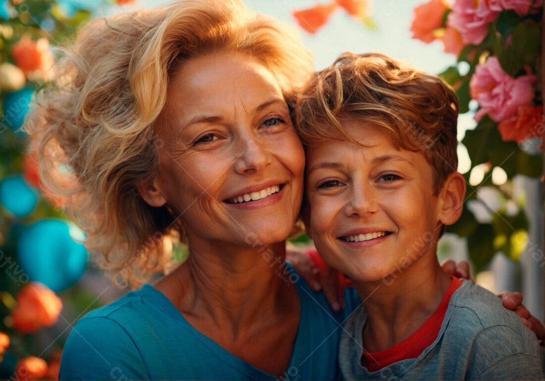 Mãe e filho sorrindo jardim florido
