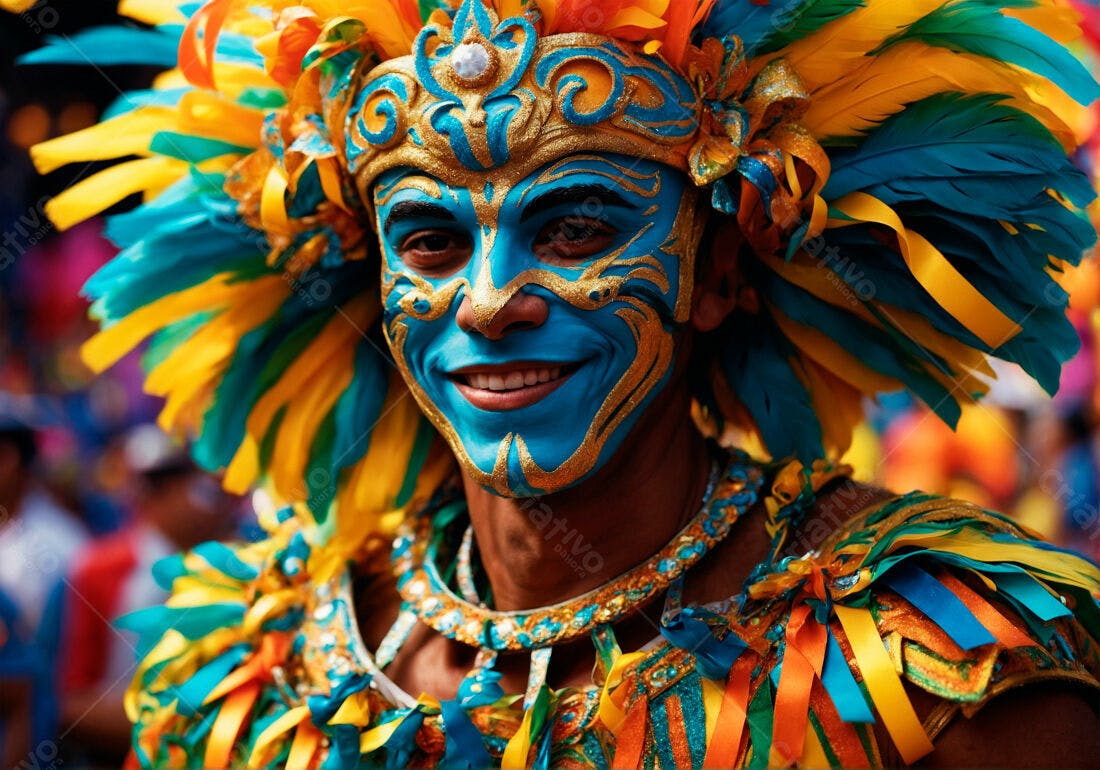 Homem com máscara azul e dourada em Carnaval