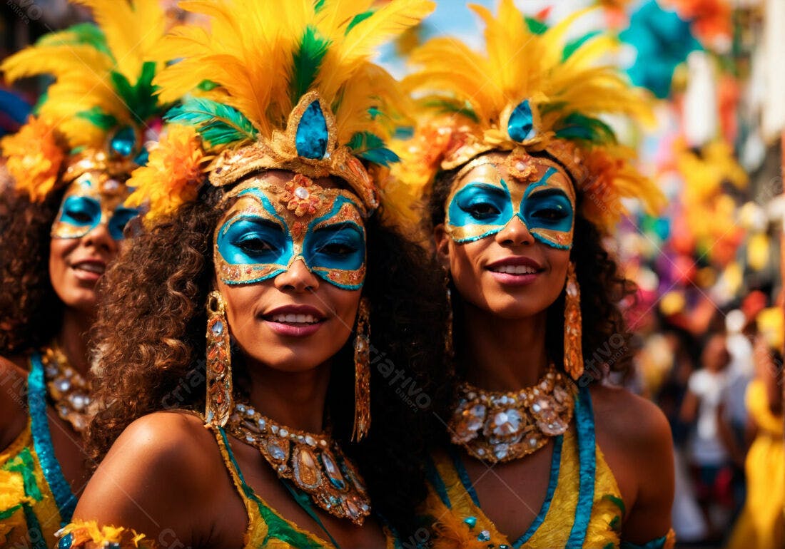 Passistas de Carnaval com Máscaras Azuis e Amarelas