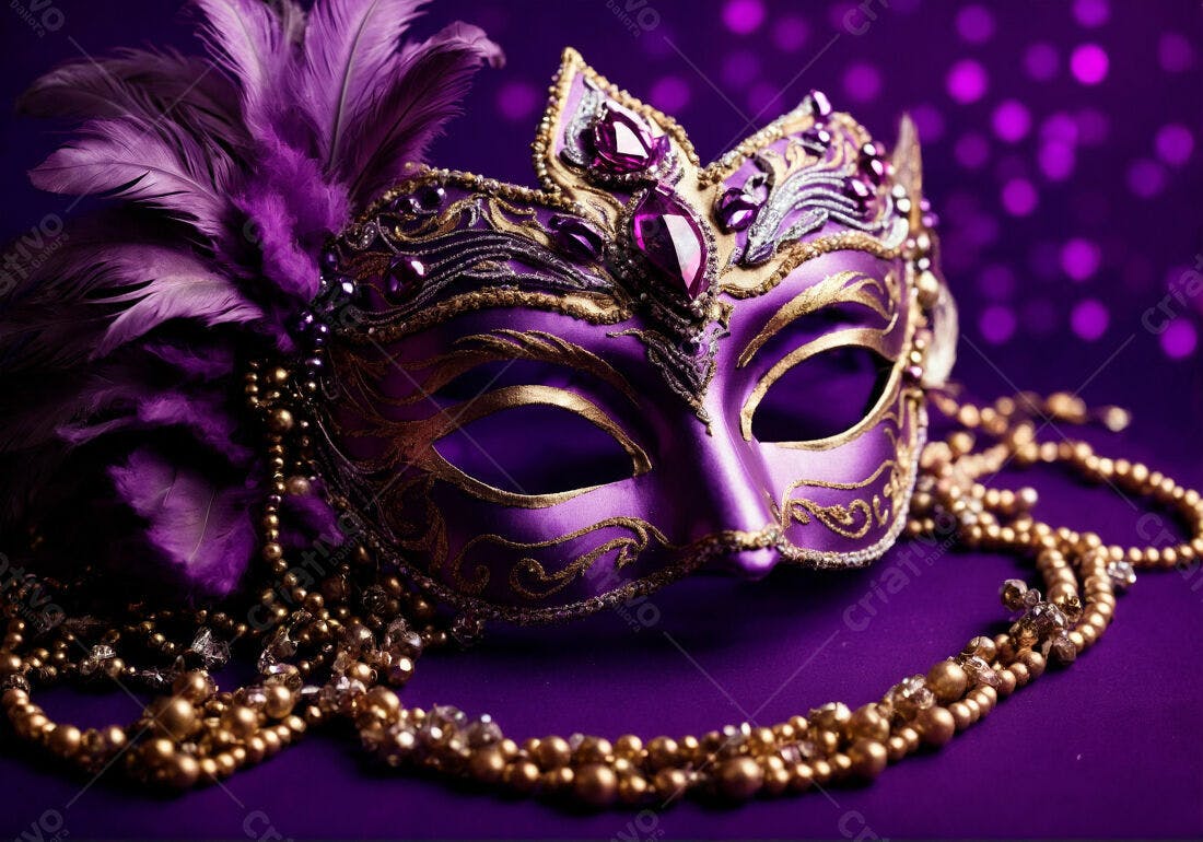 Máscara Roxa de Carnaval com Penas e Pérolas
