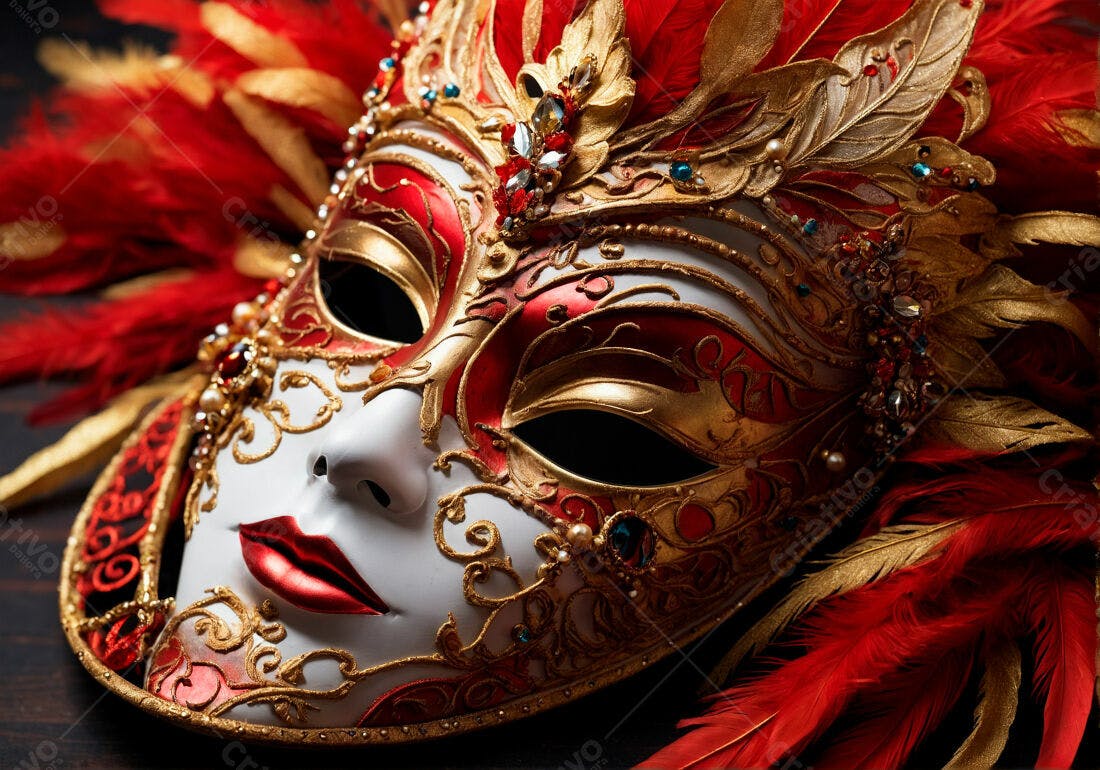 Máscara Veneziana Vermelha e Dourada com Penas