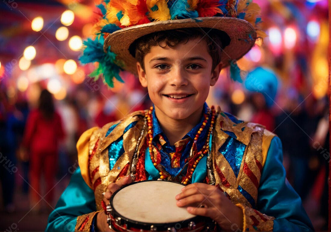 Menino sorridente com pandeiro em festa colorida