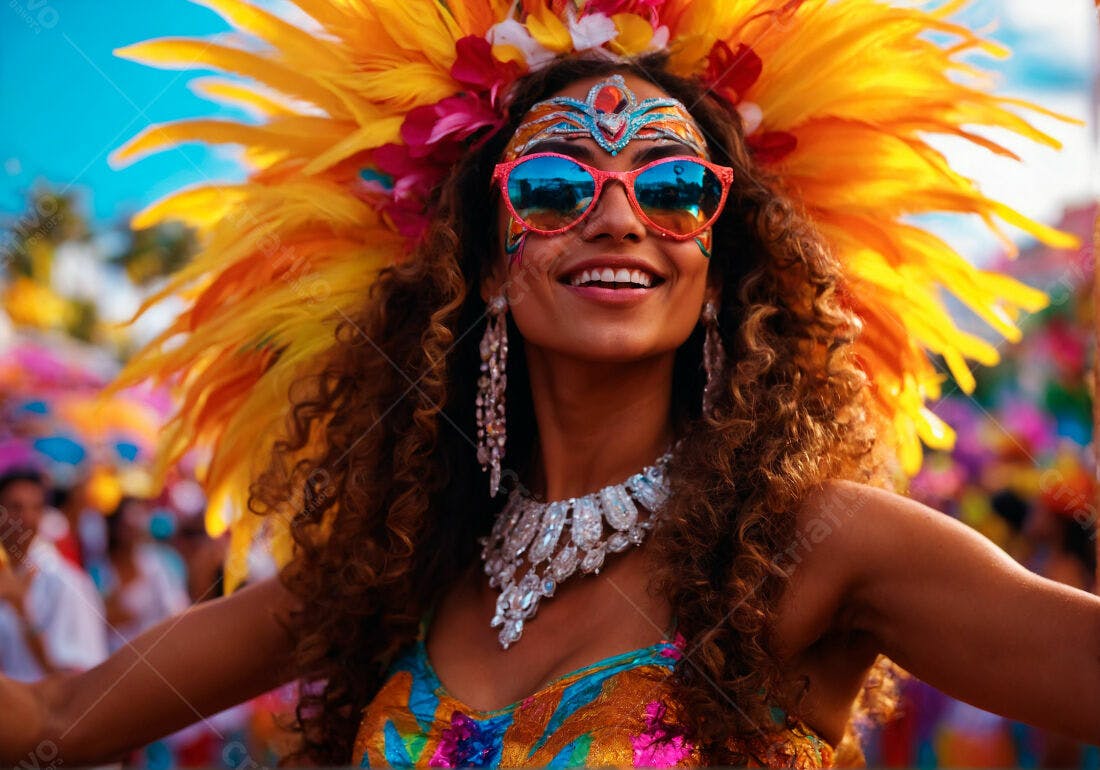 Mulher em Carnaval com penas e óculos