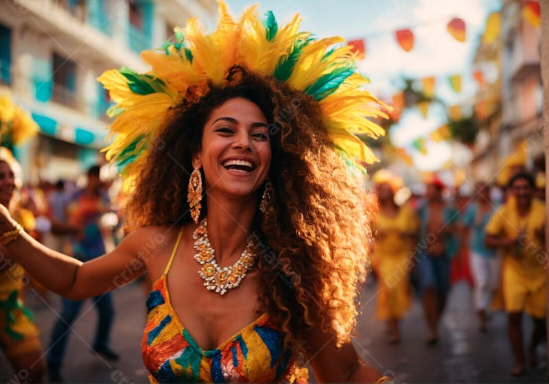 Mulher negra sorridente bahiana no carnaval