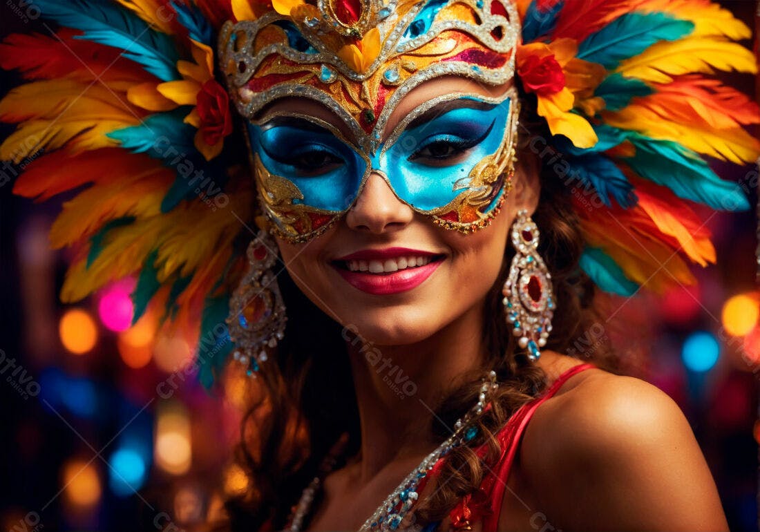 Mulher sorridente com máscara de carnaval