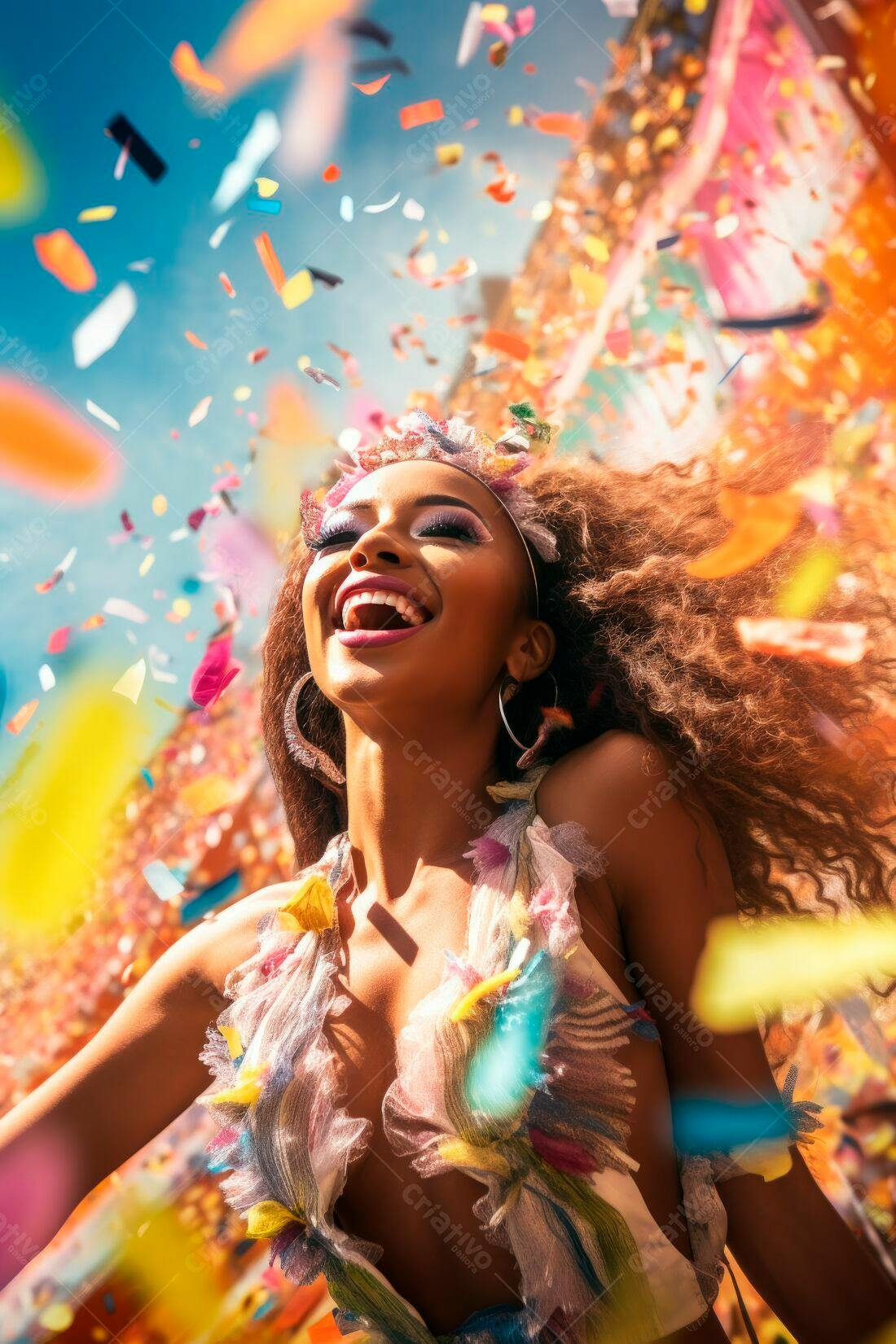Mulher negra feliz em carnaval com confetes