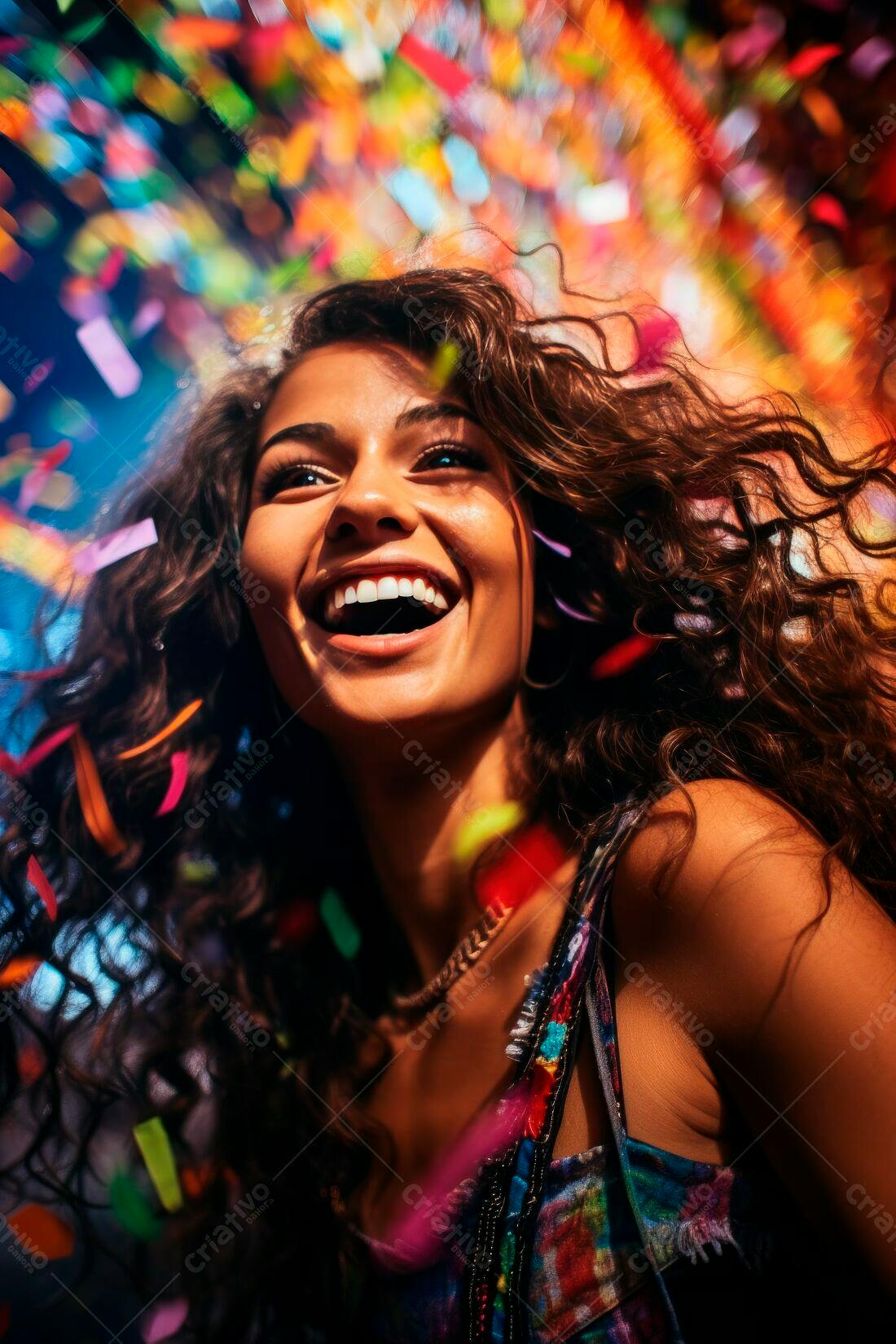 Mulher rindo com confetes coloridos